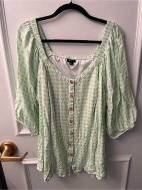 torrid Light Green Gingham Button-Front Square Neck Blouse
